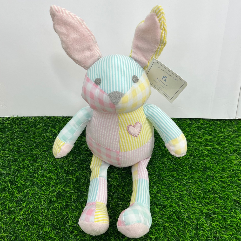 Pottery Barn Kids Patchwork Bunny Plush Pastel Gingham Stripe Easter 16 Inch NWT